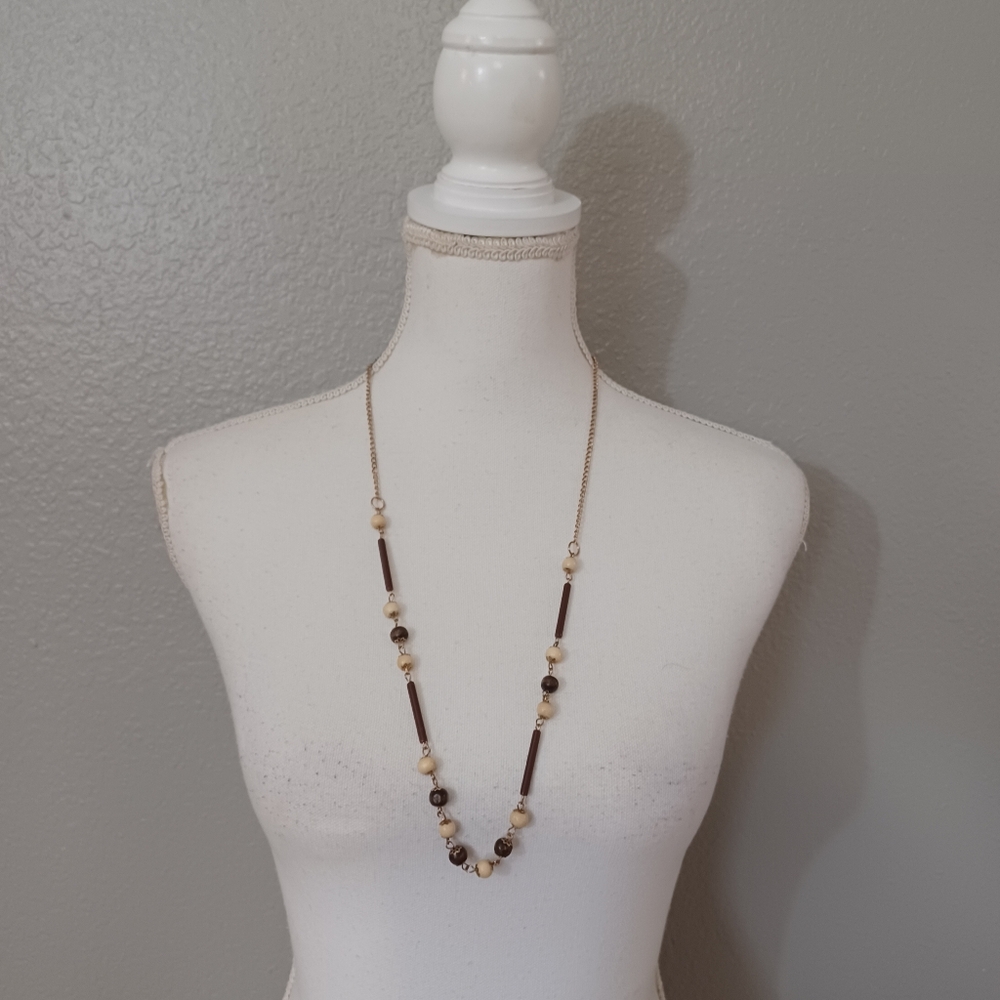Wood Beaded Necklace Set Of 2 Brown and Cream Boho Jewelry Necklaces - Picture 4 of 9